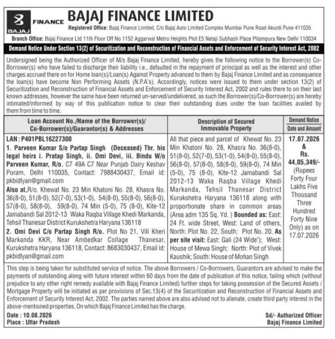 Demand Notice Under Section 13(2) of the SARFAESI Act, 2002