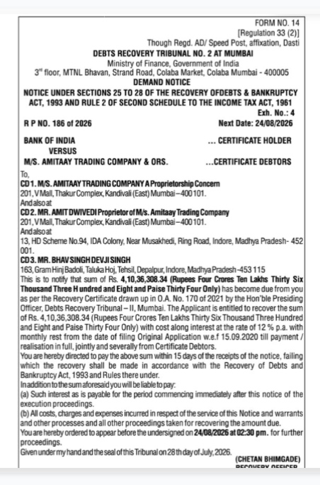 DEMAND NOTICE UNDER SECTIONS 25 TO 28 OF THE RECOVERY OF DEBTS & BANKRUPTCY ACT, 1993 BY DEBTS RECOVERY TRIBUNAL NO. 2 AT MUMBAI IN THE MATTER OF BANK OF INDIA VS M/S. AMITAAY TRADING COMPANY & ORS. (RP NO. 186 OF 2026)