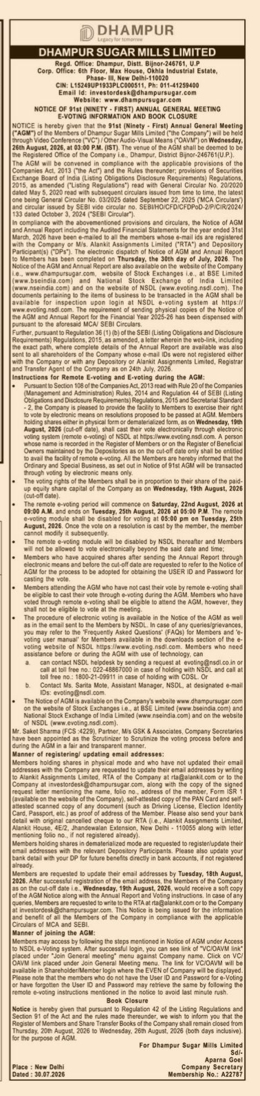 Dhampur Sugar Mills Limited: Notice of 91st Annual General Meeting