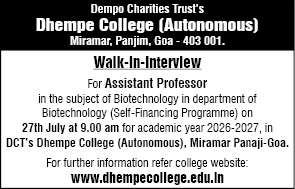 Dhempe College Assistant Professor (Biotechnology) Walk-In-Interview 2026
