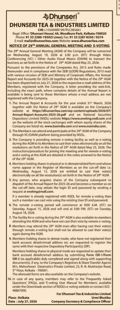 Dhunseri Tea & Industries Limited: Notice of 29th Annual General Meeting and E-Voting