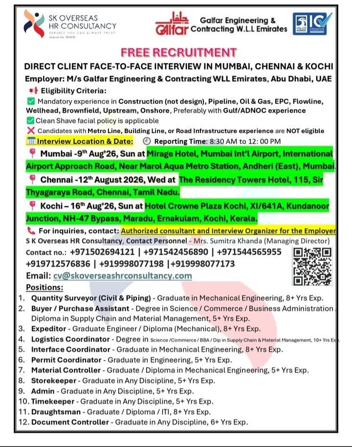 Direct Client Interviews in India for Galfar Abu Dhabi
