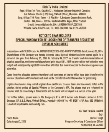 Dish TV India Limited: Notice to Shareholders regarding Special Window for Re-lodgement of Transfer Request of Physical Securities