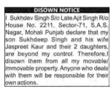 Disown Notice by Sukhdev Singh