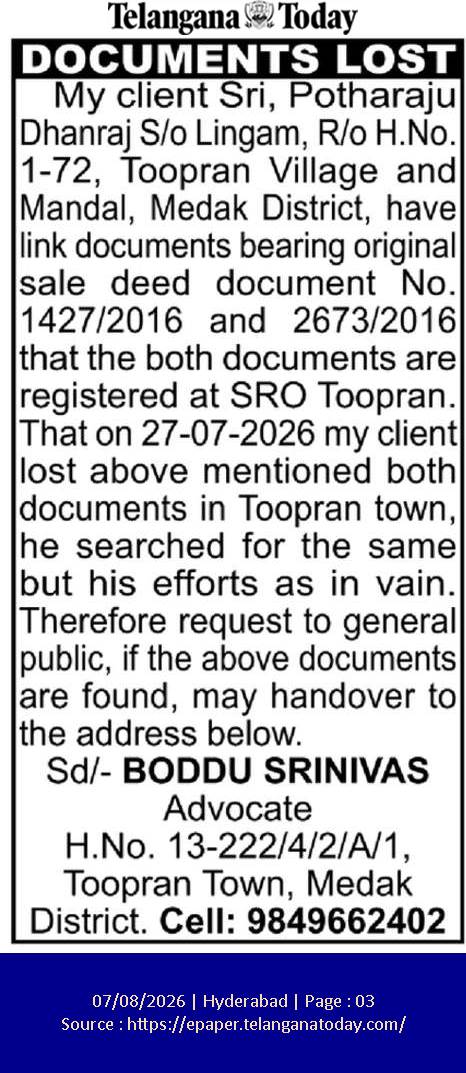 Documents Lost Notice by Advocate Boddu Srinivas