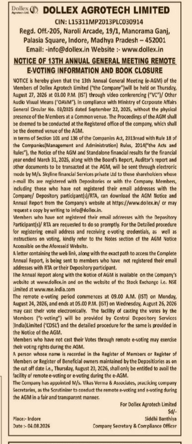 Dollex Agrotech Limited 13th AGM Notice and Remote E-Voting Information
