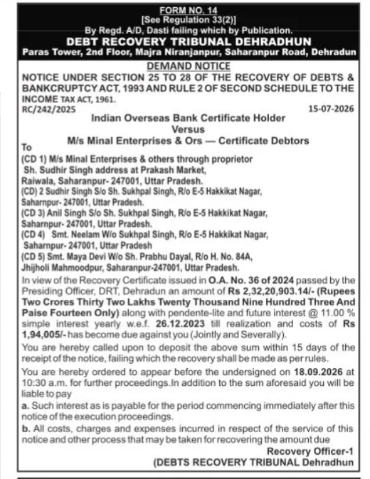 DRT Dehradun Demand Notice