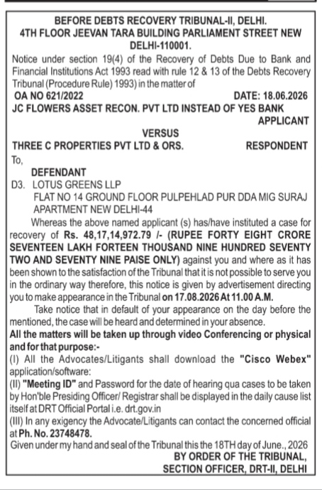 DRT-II Delhi Public Notice: JC Flowers Asset Reconstruction vs. Three C Properties & Lotus Greens