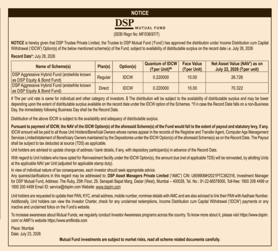 DSP Mutual Fund Notice for IDCW Distribution (July 2026)