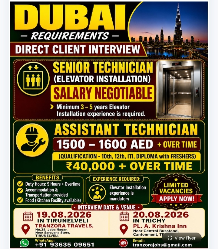 Dubai Job Vacancies: Elevator Technicians Wanted