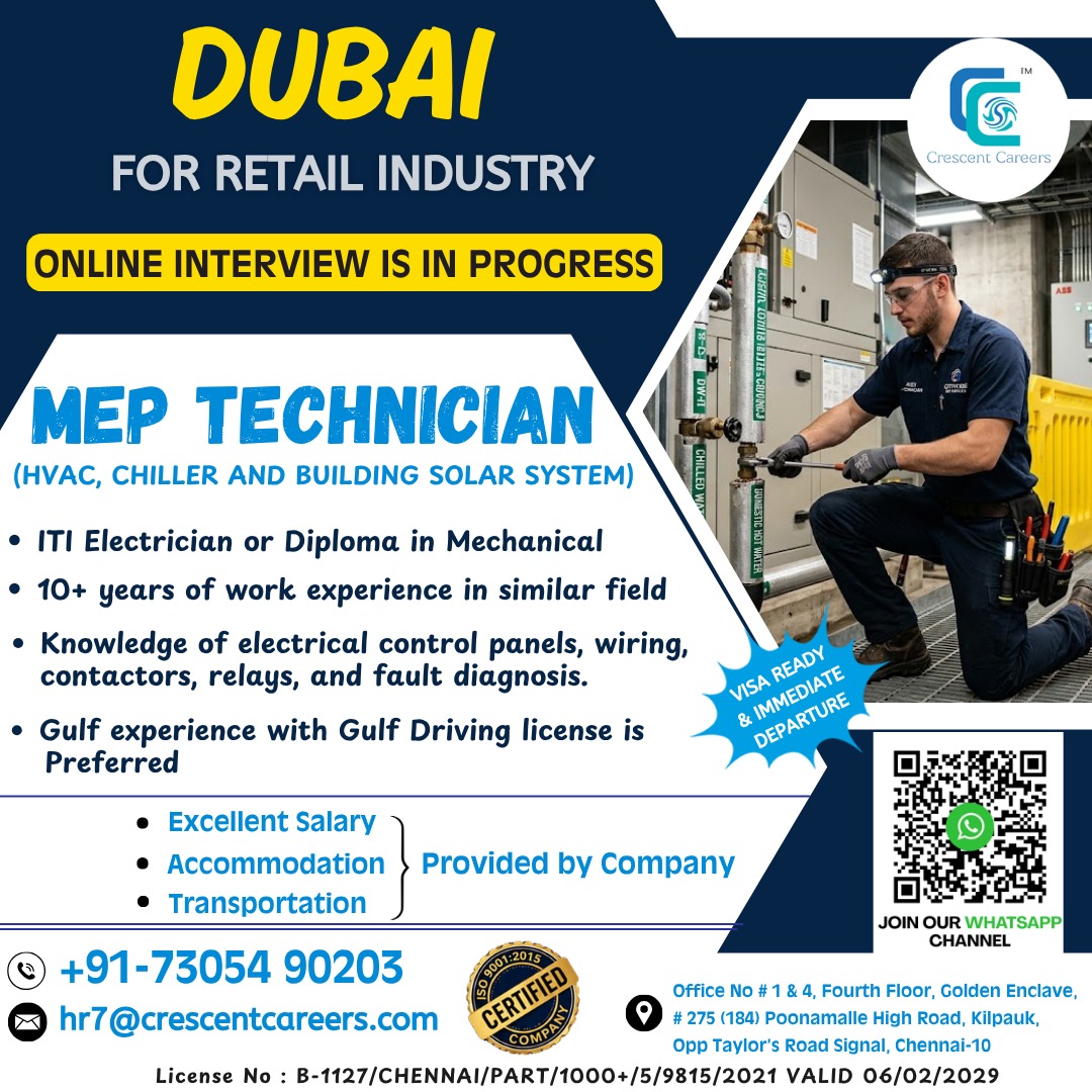 Dubai MEP Technician RecruitmentIf