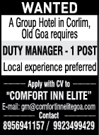 Duty Manager Wanted at Comfort Inn Elite, Goa