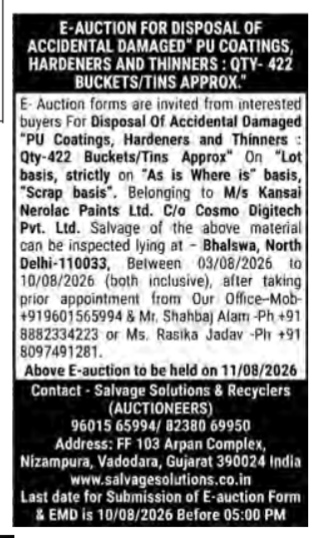 E-Auction Notice: Disposal of Damaged PU Coatings & Chemicals (Kansai Nerolac Paints)