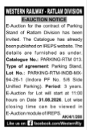 E-Auction Notice for Parking Stand Contract, Ratlam Division (Western Railway)