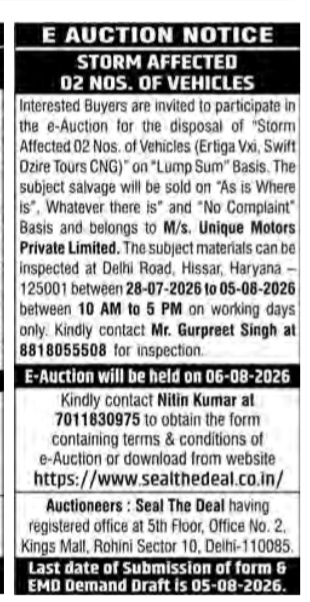 E-Auction Notice for Storm-Affected Vehicles by Seal The Deal