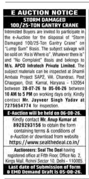 E-Auction Notice: Storm-Damaged 100/25-Ton Gantry Crane (M/s. APCO Infratech)