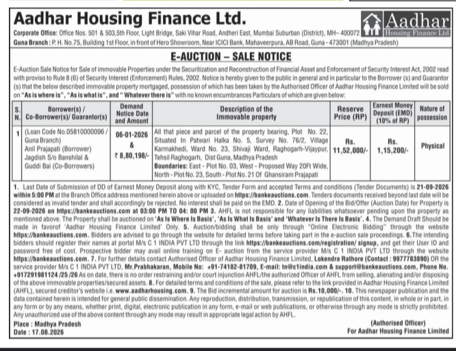 E-Auction Sale Notice: Aadhar Housing Finance Ltd.