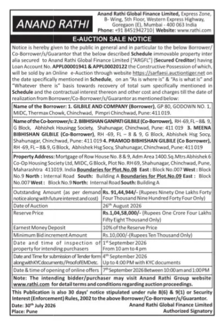 E-Auction Sale Notice: Anand Rathi Global Finance Limited (Property in Chinchwad, Pune)