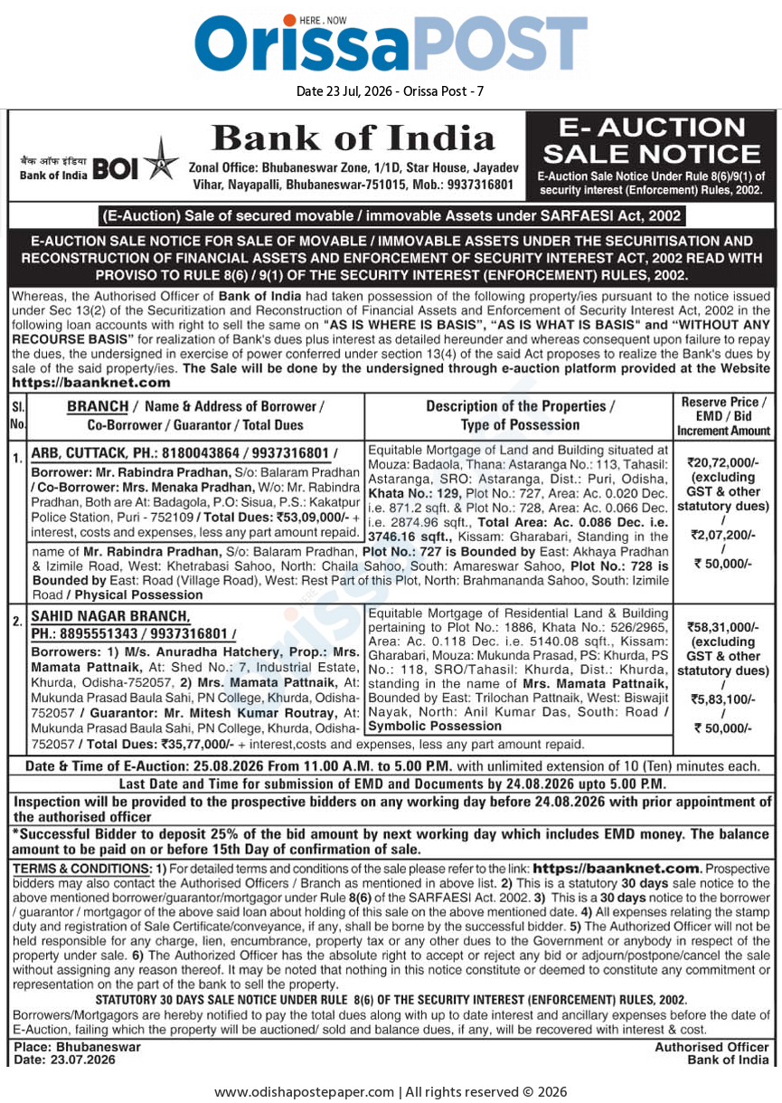 E-Auction Sale Notice by Bank of India under SARFAESI Act