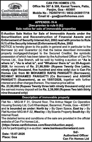 E-Auction Sale Notice by Can Fin Homes Ltd. for Immovable Property in Goa