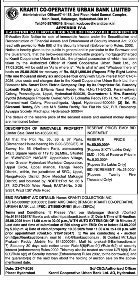 E-Auction Sale Notice by Kranti Co-operative Urban Bank Limited