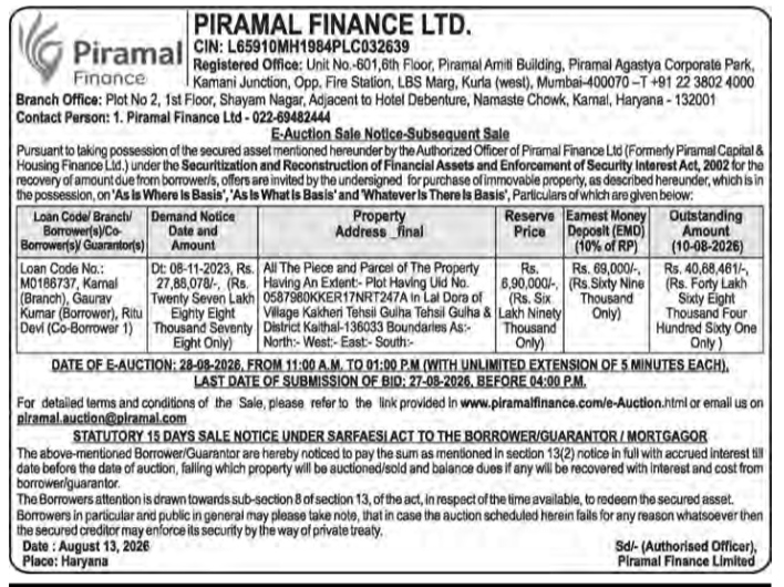 E-Auction Sale Notice by Piramal Finance Ltd.