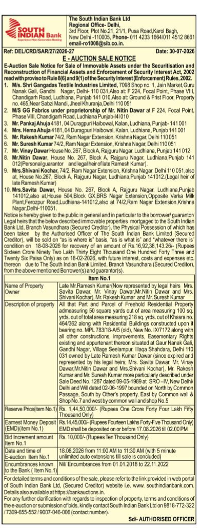 E-Auction Sale Notice by The South Indian Bank Ltd.