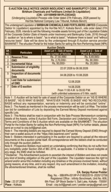 E-Auction Sale Notice for Birbhum Chemicals and Fertilisers Limited