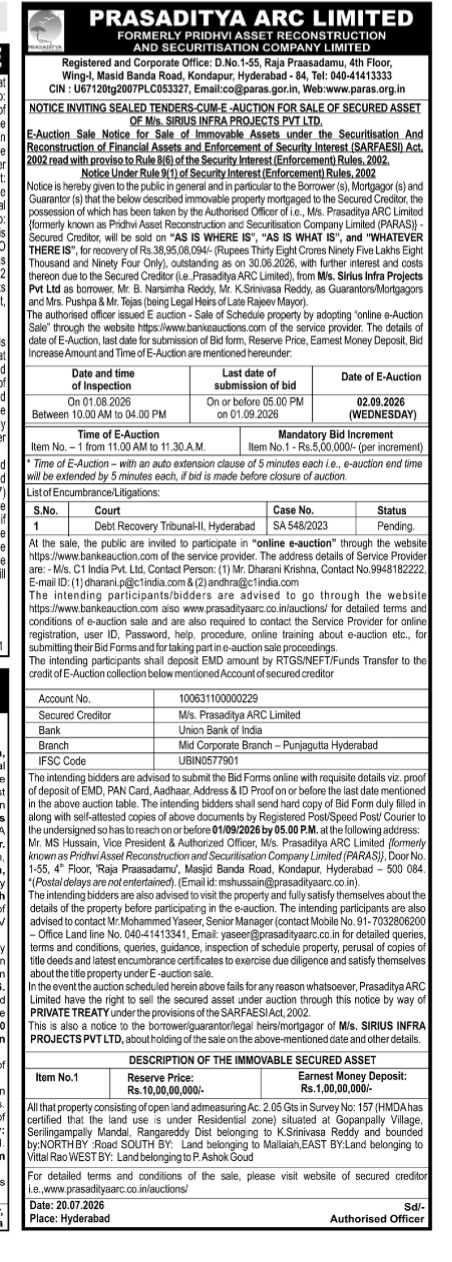 E-Auction Sale Notice for Immovable Assets – Prasaditya ARC Limited