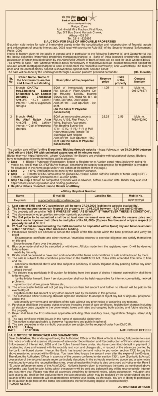E-Auction Sale Notice for Immovable Properties - Bank of India (Raigad Zone)