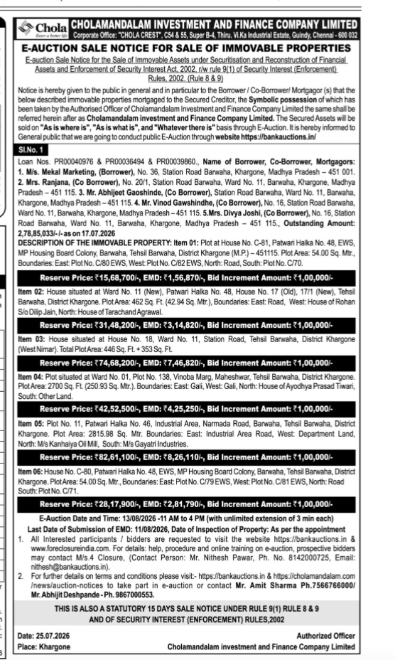 E-Auction Sale Notice for Immovable Properties by Cholamandalam Investment and Finance Company Limited