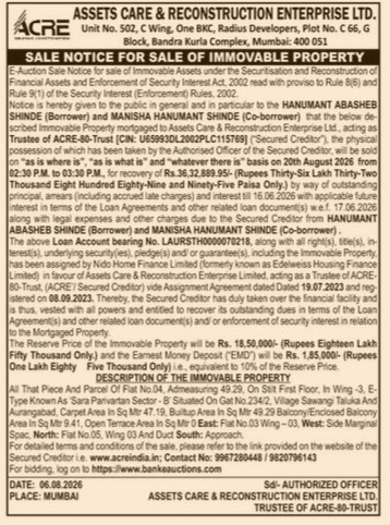 E-Auction Sale Notice for Immovable Property by Assets Care & Reconstruction Enterprise Ltd. (ACRE