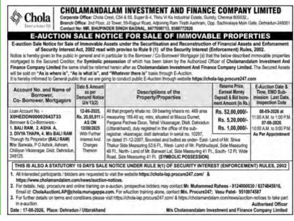 E-Auction Sale Notice for Immovable Property by Cholamandalam Investment and Finance Company Limited