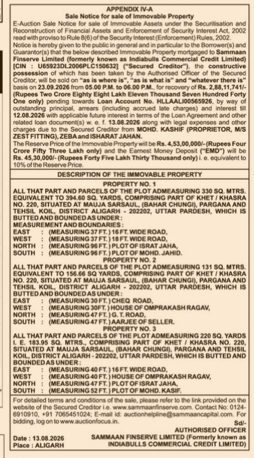 E-Auction Sale Notice for Immovable Property by Sammaan Finserve Limited