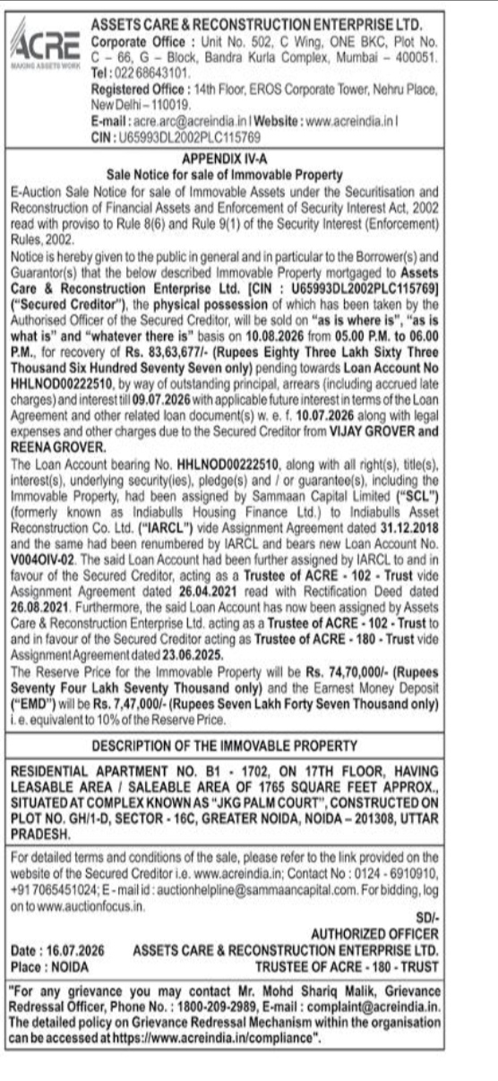 E-Auction Sale Notice for Immovable Property: JKG Palm Court, Greater Noida