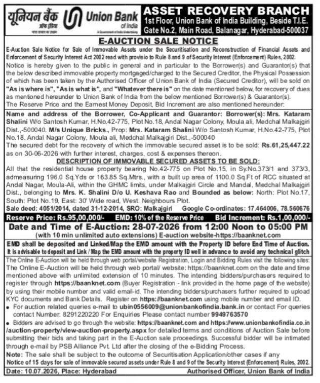 E-auction sale notice from union Bank of india