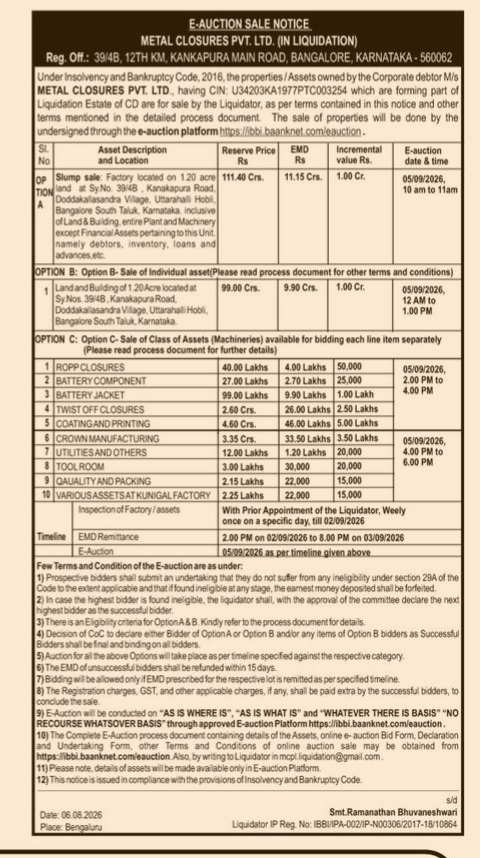 E-Auction Sale Notice: Metal Closures Pvt. Ltd.