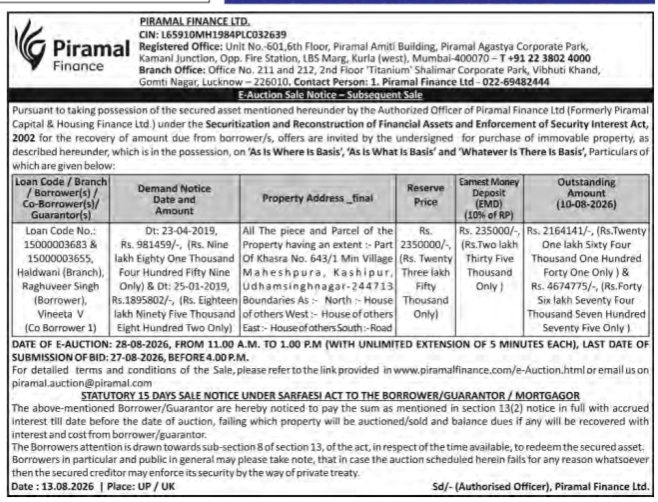 E-Auction Sale Notice - Piramal Finance Ltd.