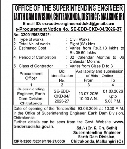 e-Procurement Notice: Earth Dam Division, Chitrakonda (Notice No. SE-EDD-CKD-04/2026-27)