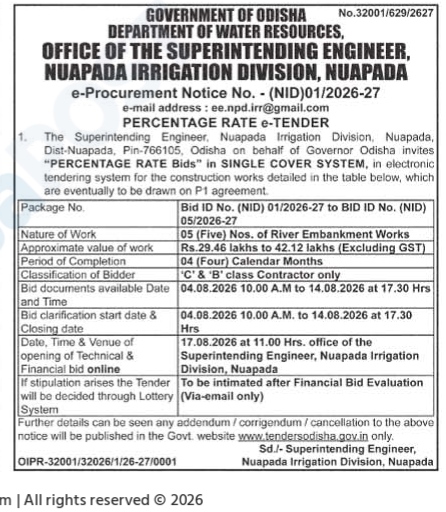 e-Procurement Notice for River Embankment Works (Nuapada Irrigation Division, Odisha)