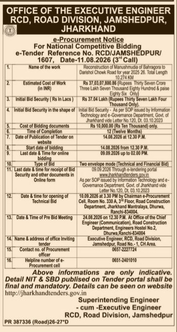 e-Procurement Notice for Road Reconstruction in Jamshedpur, Jharkhand (Tender Ref No. RCD/JAMSHEDPUR/1607)