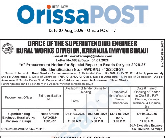 e" Procurement Notice for Special Road Repairs (2026-27) – Rural Works Division, Karanjia