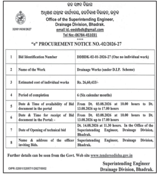 e-Procurement Notice No. 02/2026-27: Drainage Works, Bhadrak