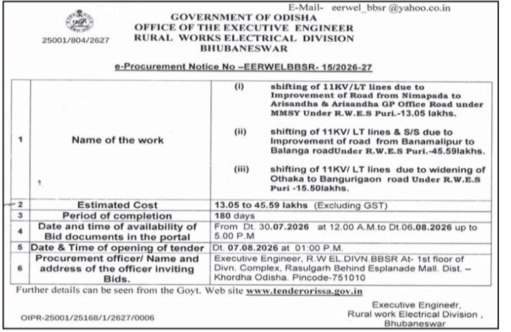 e-Procurement Notice No –EERWELBBSR- 15/2026-27 (Rural Works Electrical Division, Bhubaneswar)