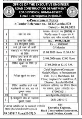 e-Procurement Notice: Road Construction Department, Gumla Division (Tender No. RCD/Gumla/578)