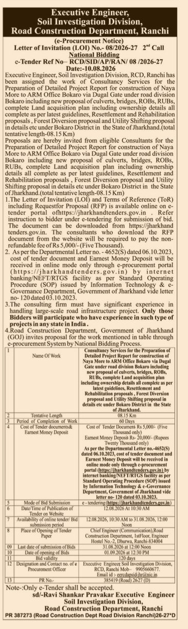 e-Procurement Notice: Road Construction Department, Ranchi