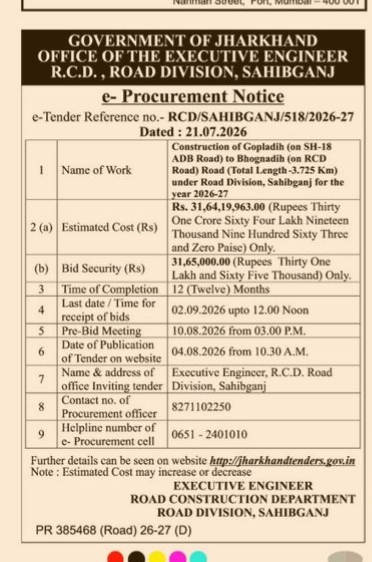 e-Procurement Notice: Road Construction in Sahibganj, Jharkhand (2026-27)