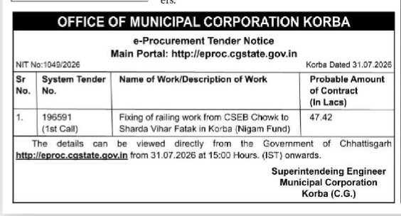 E-Procurement Tender Notice - Municipal Corporation Korba.