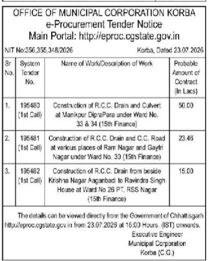 e-Procurement Tender Notice - Office of Municipal Corporation Korba