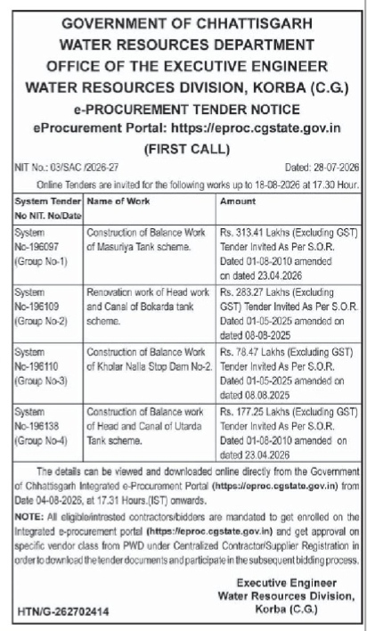 e-Procurement Tender Notice, Water Resources Division, Korba (C.G.).